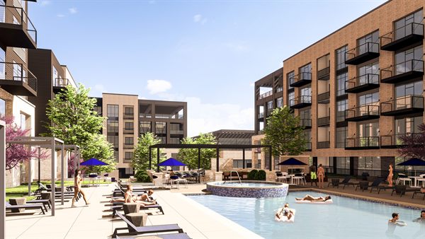 Architectural rendering of the resident courtyard, showing a swimming pool, a raised circular water feature, shaded pergolas and lounge seating.