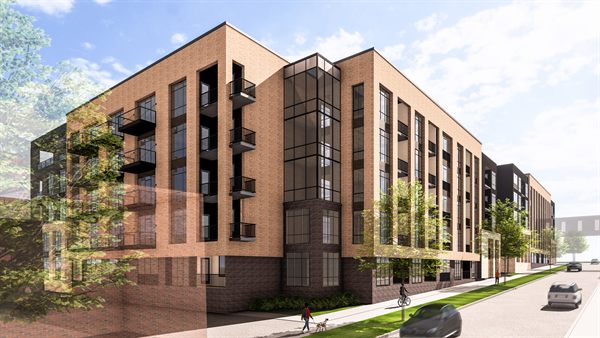 Architectural rendering of the building's Quaker elevation, a brick facade with a glazed corner bay and railed balconies.