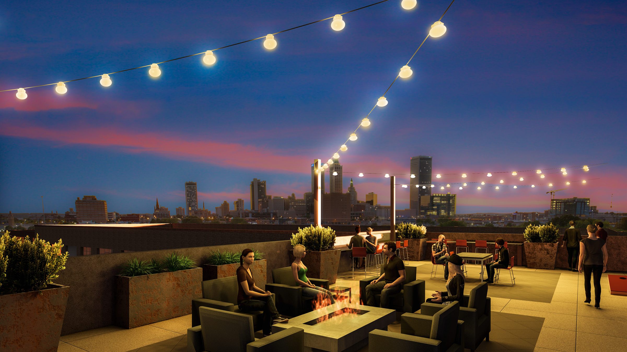 Architectural rendering of the rooftop deck at dusk, with lounge seating around a fire table, string lighting overhead, and the downtown Tulsa skyline beyond.